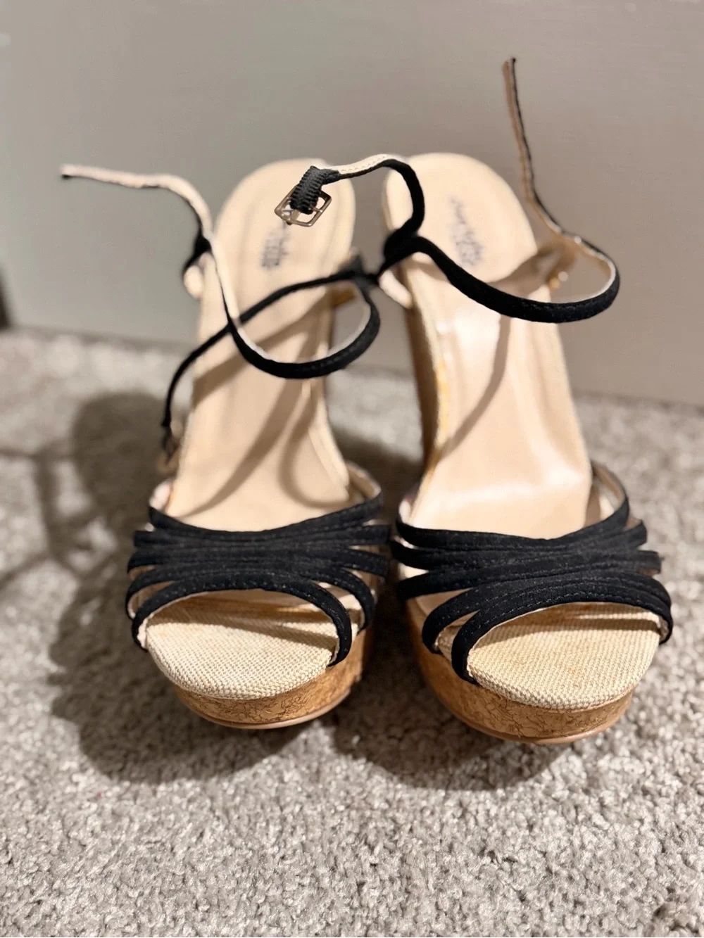 Black Strappy Cork Platform Sandals - Women's